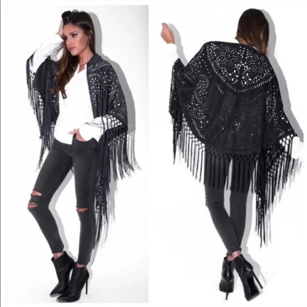 Muche et Muchette Navy Laser Cut Fringe Faux Suede Shawl NWT
